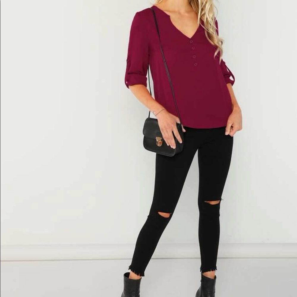Red Button Front V-Neck Top - Picture 5 of 5